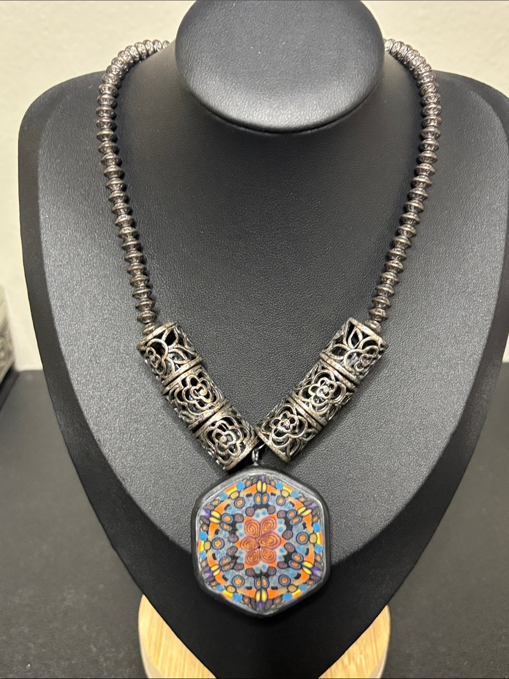 Handmade Venetian Clay Artisan Pendant Silver Tone Beaded Necklace Rare